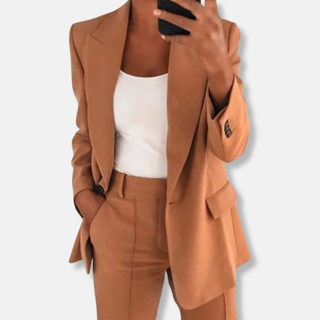 Florence Relaxed Fit Blazer Wide Leg Trousers | Button Cuffs Flap Pockets Business Two-Piece Set