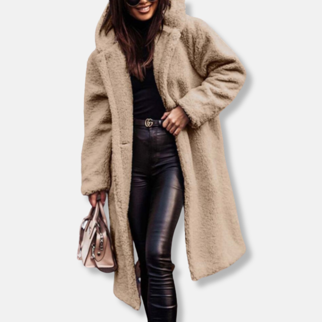 Olivia Fleece Oversized Coat | Hooded Open Front Coat