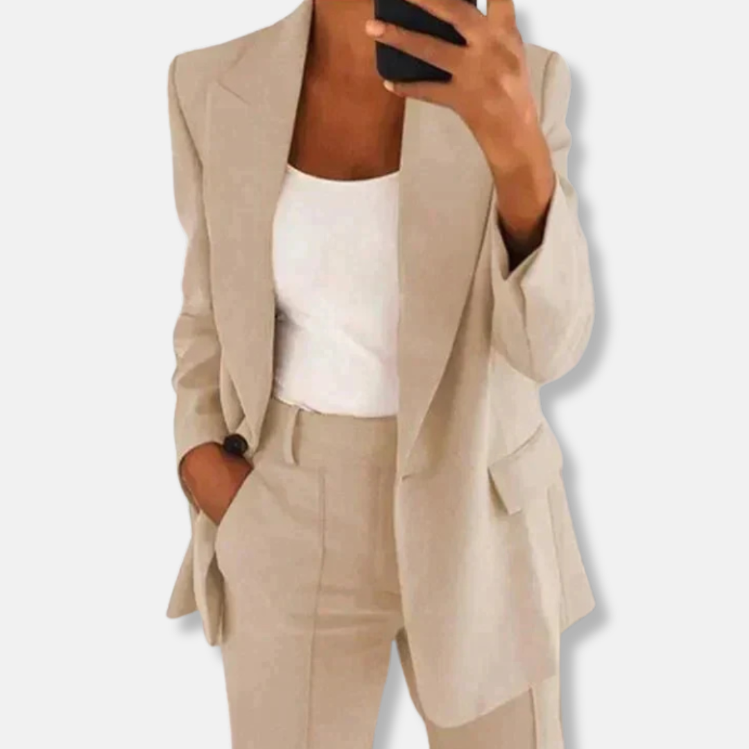 Florence Relaxed Fit Blazer Wide Leg Trousers | Button Cuffs Flap Pockets Business Two-Piece Set