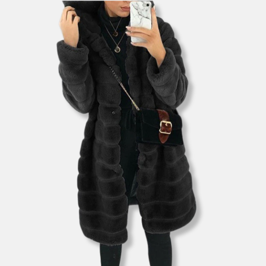 Isla Hooded Knee-Length Coat | Fur Trim Button Front Coat