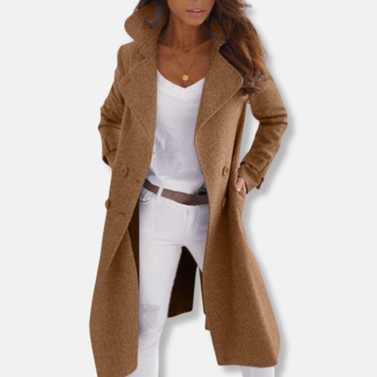 Isla Wool Tailored Fit Double-Breasted Coat | Collared Mid-Calf Length Coat