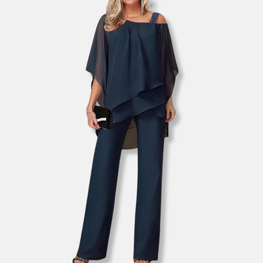Florence Relaxed Fit Blouse And Wide-Leg Trousers | Cold Shoulder Layered Hem Two-Piece Set