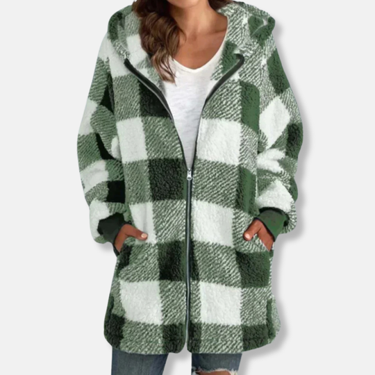 Valentina Fleece Hooded Jacket | Check Pattern Relaxed Fit Jacket