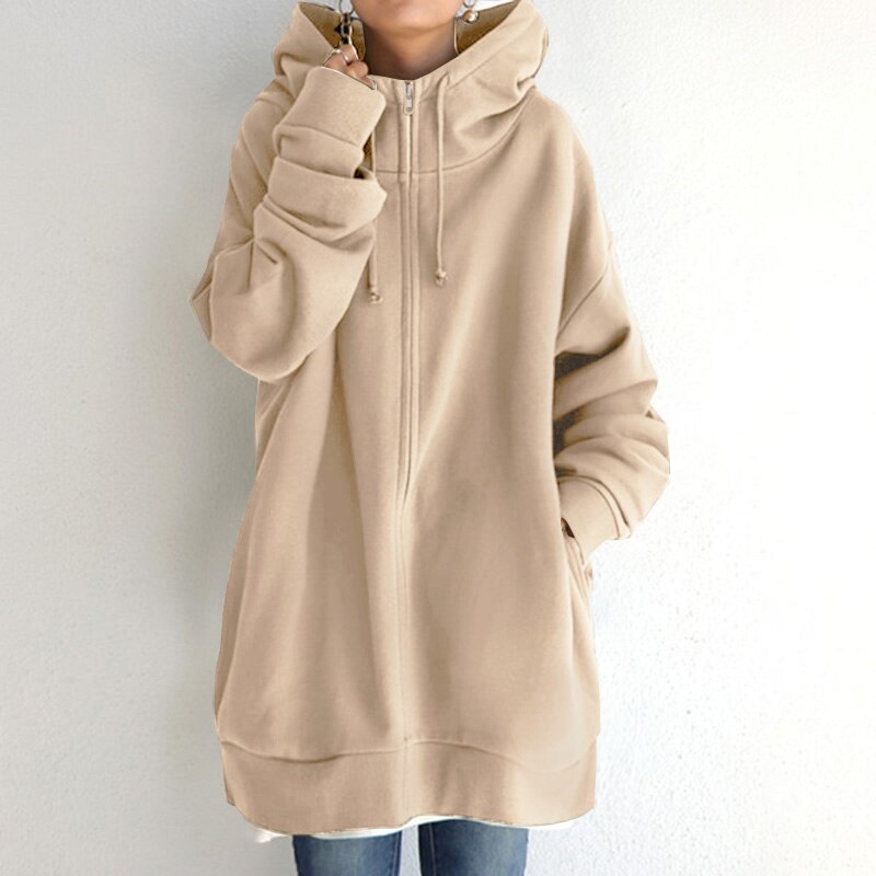 Amelia Oversized Fleece Zip-Up Hoodie | Drawstring Hood Side Pockets Hoodie