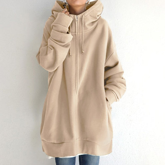 Amelia Oversized Fleece Zip-Up Hoodie | Drawstring Hood Side Pockets Hoodie