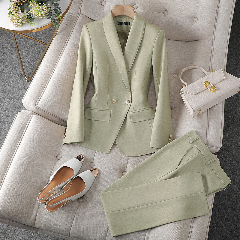 Isla Tailored Fit Blazer and Straight Leg Trousers Two-Piece Set | Double-Breasted Gold-Tone Buttons Set