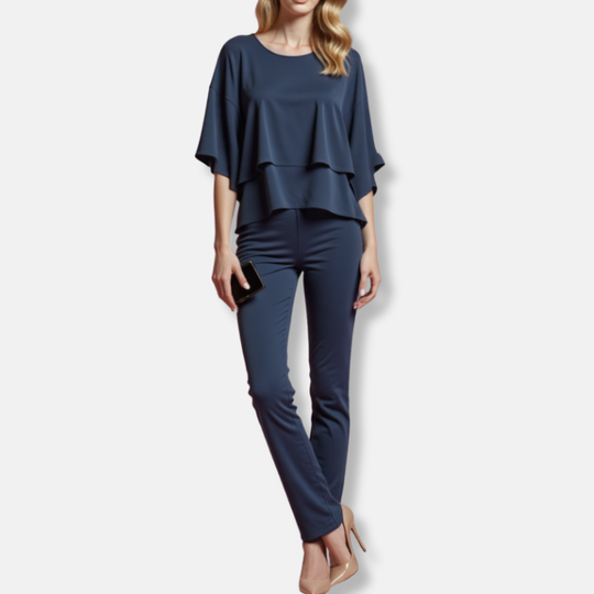 Florence Relaxed Fit Blouse And Wide-Leg Trousers | Cold Shoulder Layered Hem Two-Piece Set