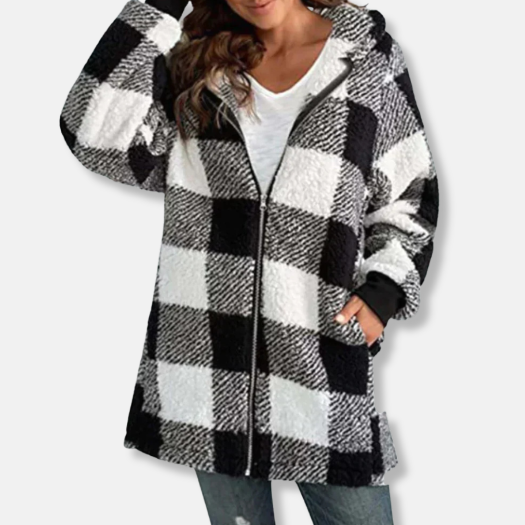 Valentina Fleece Hooded Jacket | Check Pattern Relaxed Fit Jacket