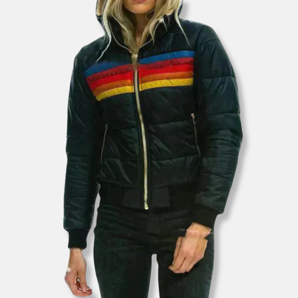 Isla Hooded Relaxed Fit Puffer Jacket | Quilted Striped Hip-Length Puffer Jacket
