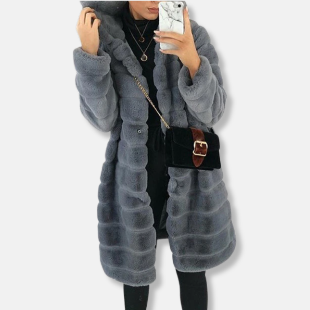 Isla Hooded Knee-Length Coat | Fur Trim Button Front Coat