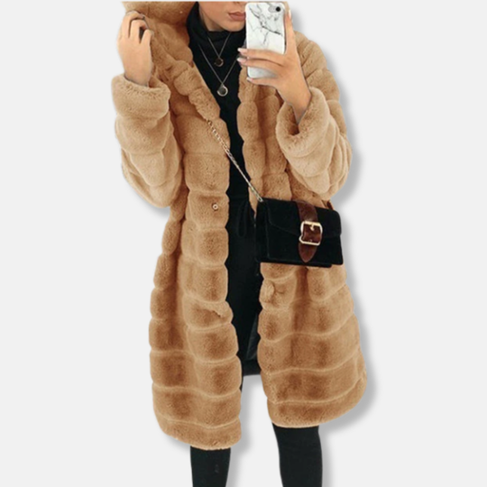 Isla Hooded Knee-Length Coat | Fur Trim Button Front Coat