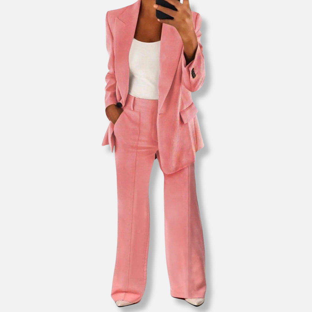Florence Relaxed Fit Blazer Wide Leg Trousers | Button Cuffs Flap Pockets Business Two-Piece Set