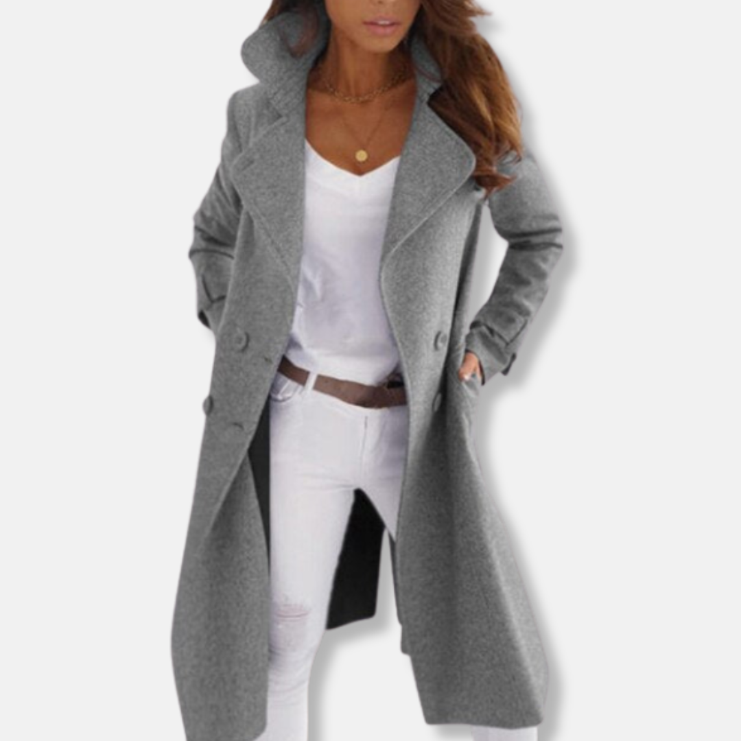 Isla Wool Tailored Fit Double-Breasted Coat | Collared Mid-Calf Length Coat