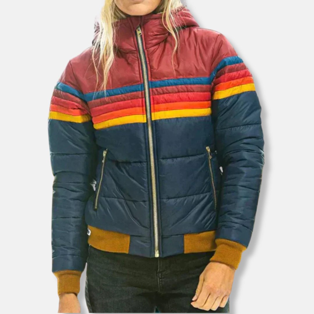 Isla Hooded Relaxed Fit Puffer Jacket | Quilted Striped Hip-Length Puffer Jacket