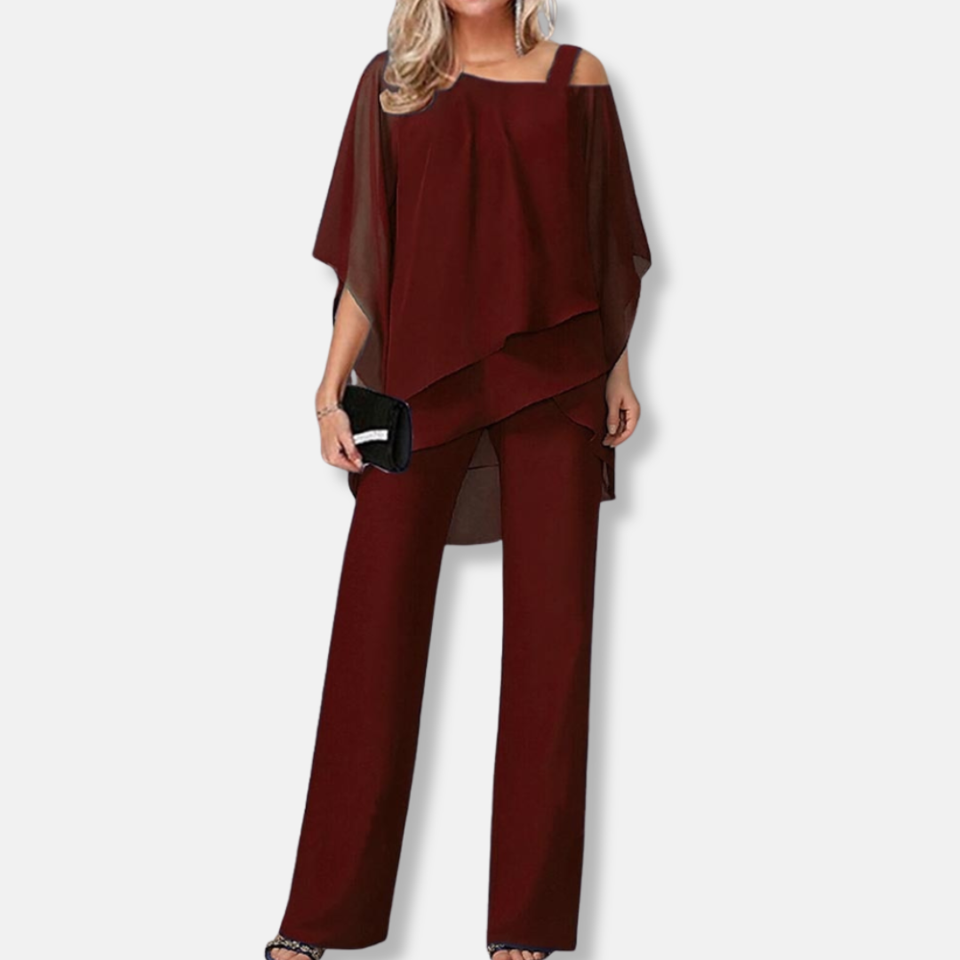 Florence Relaxed Fit Blouse And Wide-Leg Trousers | Cold Shoulder Layered Hem Two-Piece Set