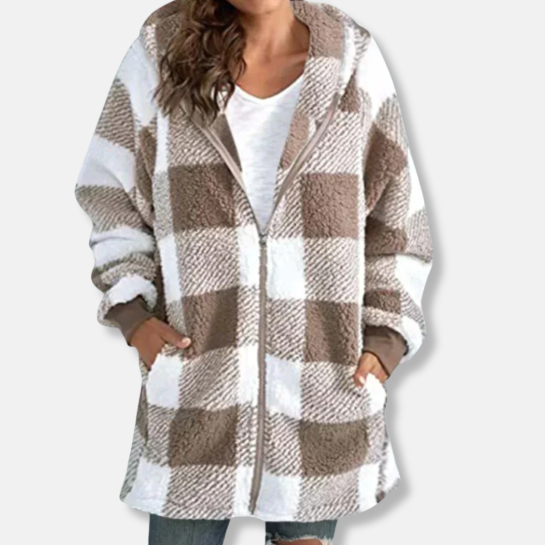 Valentina Fleece Hooded Jacket | Check Pattern Relaxed Fit Jacket