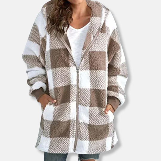 Valentina Fleece Hooded Jacket | Check Pattern Relaxed Fit Jacket