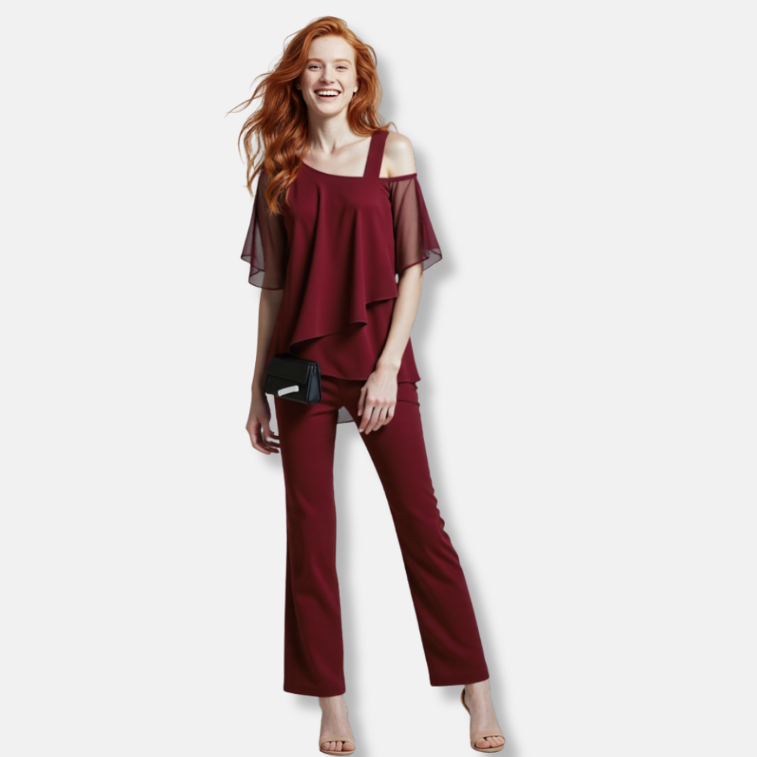 Florence Relaxed Fit Blouse And Wide-Leg Trousers | Cold Shoulder Layered Hem Two-Piece Set