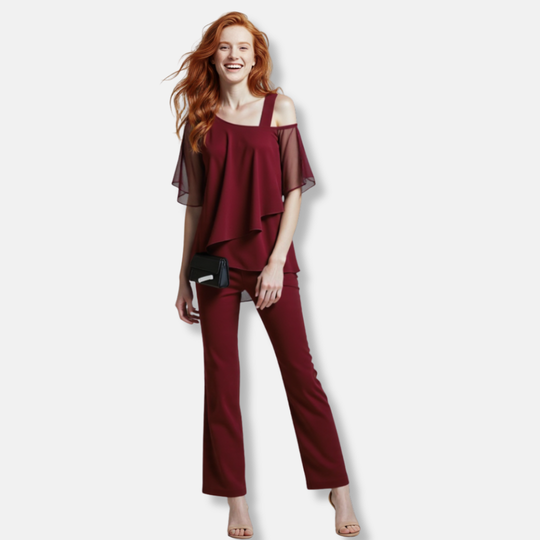 Florence Relaxed Fit Blouse And Wide-Leg Trousers | Cold Shoulder Layered Hem Two-Piece Set