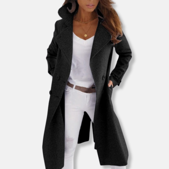 Isla Wool Tailored Fit Double-Breasted Coat | Collared Mid-Calf Length Coat