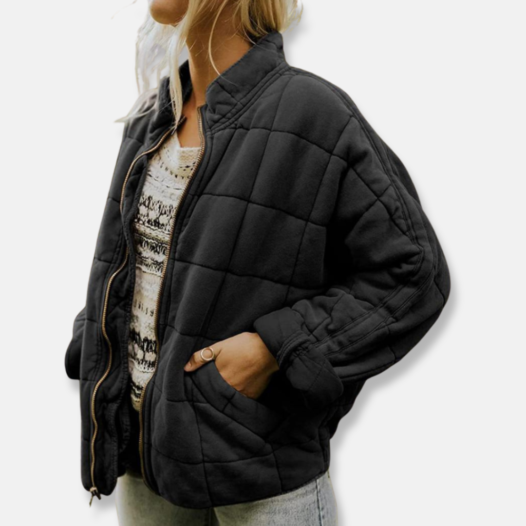 Isabella Fleece Relaxed Fit Quilted Jacket | Stand Collar Hip-Length Jacket