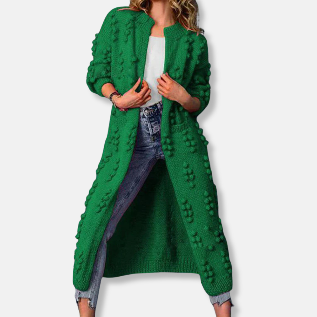 Isla Wool Maxi Cardigan | Bobble Knit Open Front Maxi Cardigan