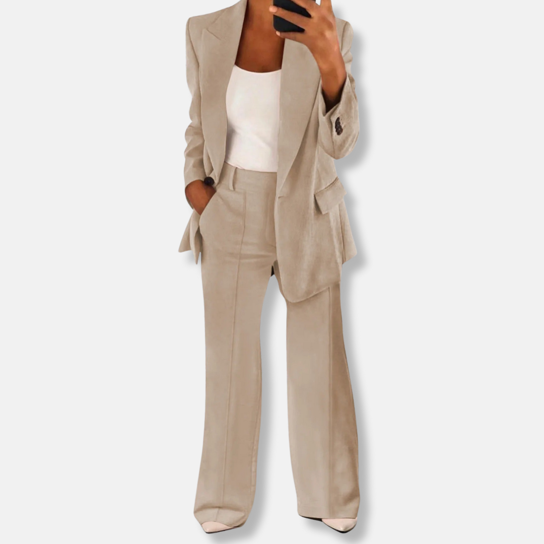 Florence Relaxed Fit Blazer Wide Leg Trousers | Button Cuffs Flap Pockets Business Two-Piece Set