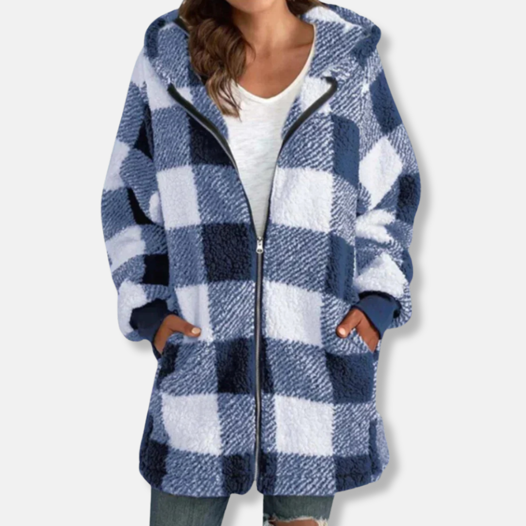 Valentina Fleece Hooded Jacket | Check Pattern Relaxed Fit Jacket