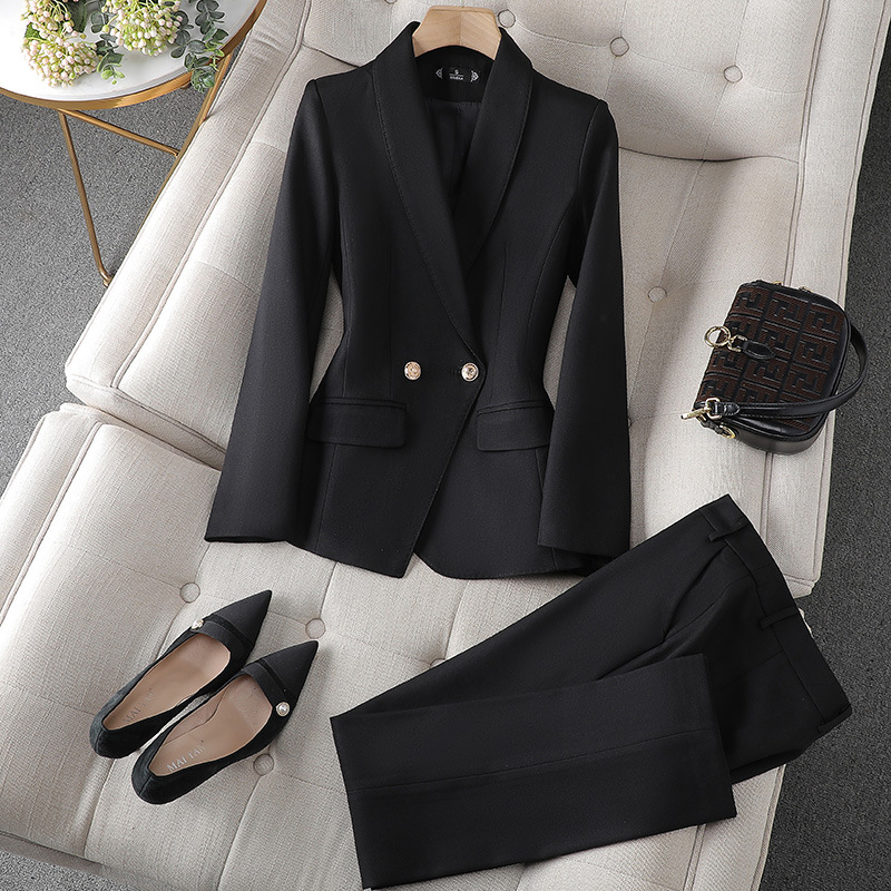 Isla Tailored Fit Blazer and Straight Leg Trousers Two-Piece Set | Double-Breasted Gold-Tone Buttons Set