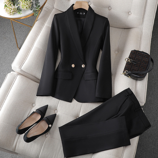 Isla Tailored Fit Blazer and Straight Leg Trousers Two-Piece Set | Double-Breasted Gold-Tone Buttons Set
