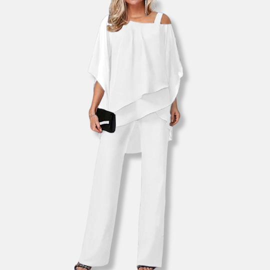 Florence Relaxed Fit Blouse And Wide-Leg Trousers | Cold Shoulder Layered Hem Two-Piece Set