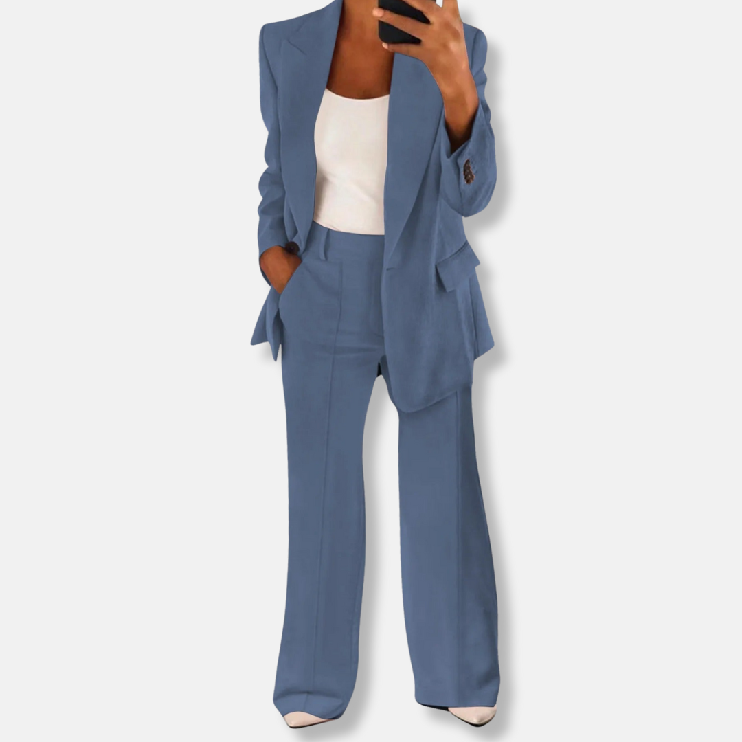 Florence Relaxed Fit Blazer Wide Leg Trousers | Button Cuffs Flap Pockets Business Two-Piece Set