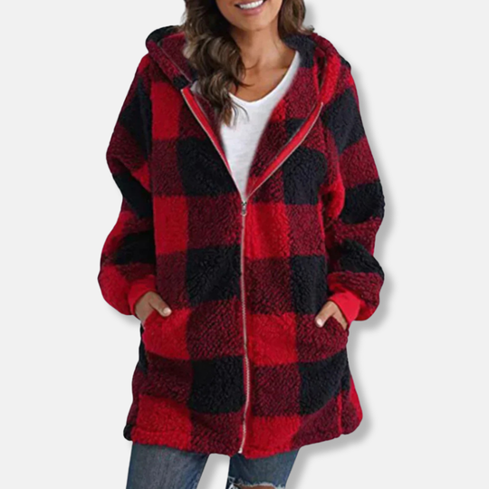 Valentina Fleece Hooded Jacket | Check Pattern Relaxed Fit Jacket