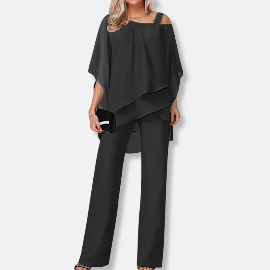 Florence Relaxed Fit Blouse And Wide-Leg Trousers | Cold Shoulder Layered Hem Two-Piece Set