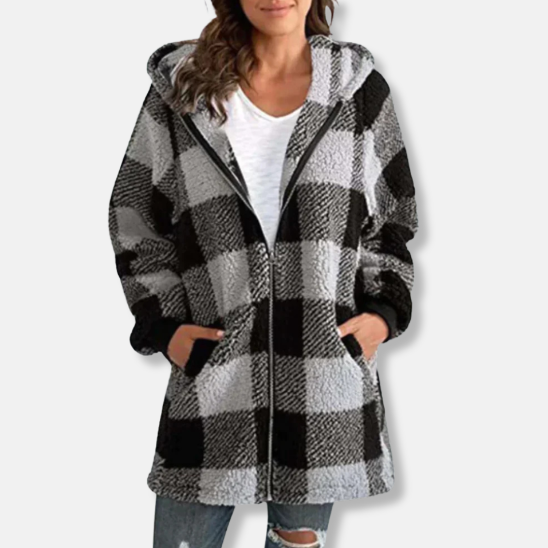 Valentina Fleece Hooded Jacket | Check Pattern Relaxed Fit Jacket