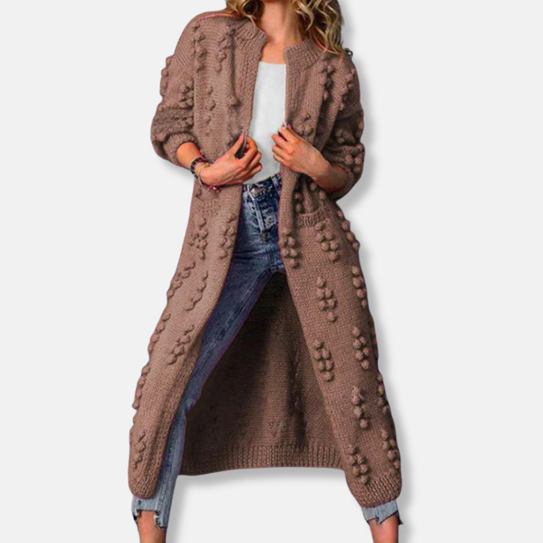 Isla Wool Maxi Cardigan | Bobble Knit Open Front Maxi Cardigan