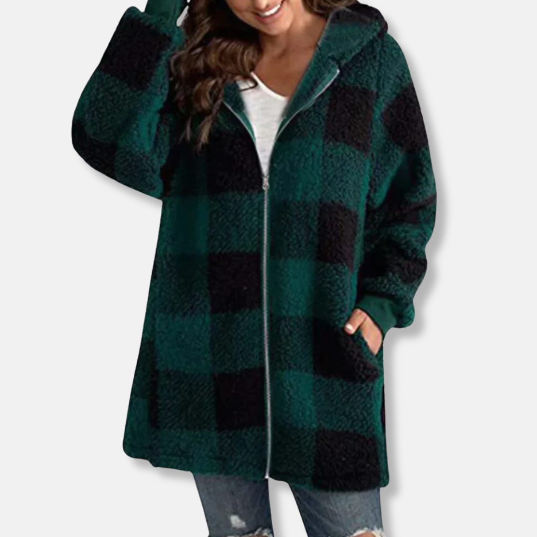 Valentina Fleece Hooded Jacket | Check Pattern Relaxed Fit Jacket