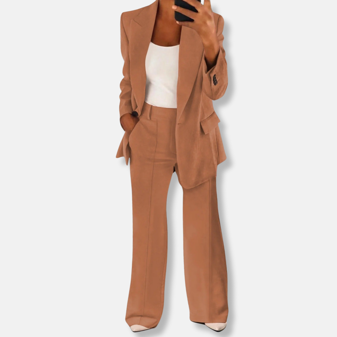 Florence Relaxed Fit Blazer Wide Leg Trousers | Button Cuffs Flap Pockets Business Two-Piece Set