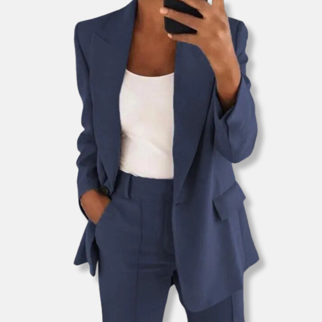 Florence Relaxed Fit Blazer Wide Leg Trousers | Button Cuffs Flap Pockets Business Two-Piece Set