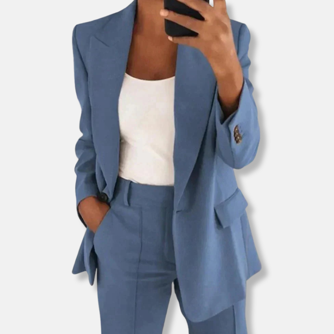 Florence Relaxed Fit Blazer Wide Leg Trousers | Button Cuffs Flap Pockets Business Two-Piece Set