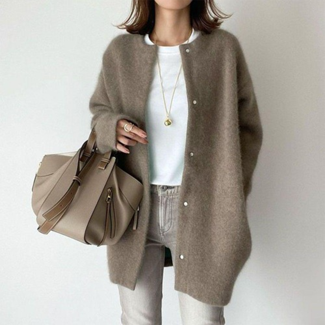 Isabella Wool Relaxed Fit Jacket | Button Front Collarless Jacket