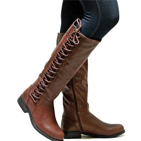 Amelia Leather Knee-Length Lace-Up Boots | Fitted Low Block Heel Boots