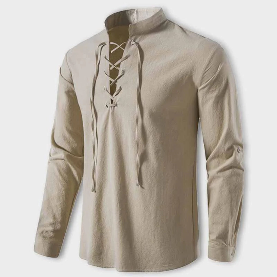 Harry Regular Fit Lace-Up Shirt | Stand Collar Long Sleeve Shirt