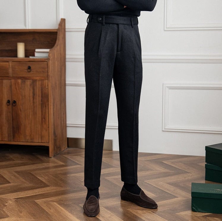 Black Herringbone Trousers with Pleat for Men