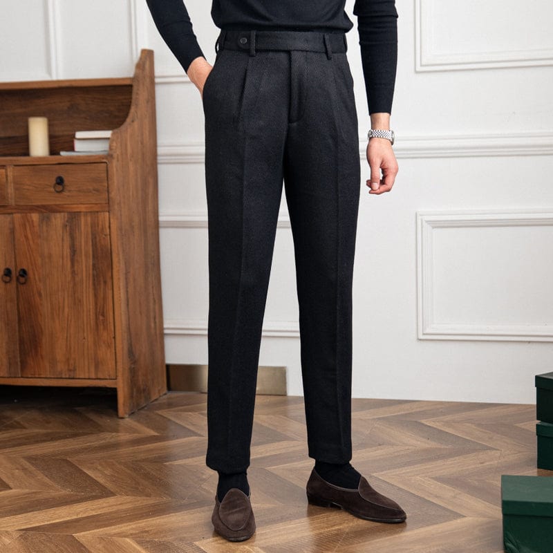 Black Herringbone Trousers with Pleat for Men