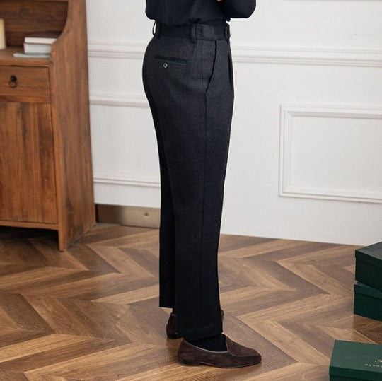 Black Herringbone Trousers with Pleat for Men