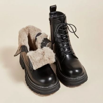 Isla Leather Ankle-Length Boots | Chunky Lace-up Sole Fur Trim Boots