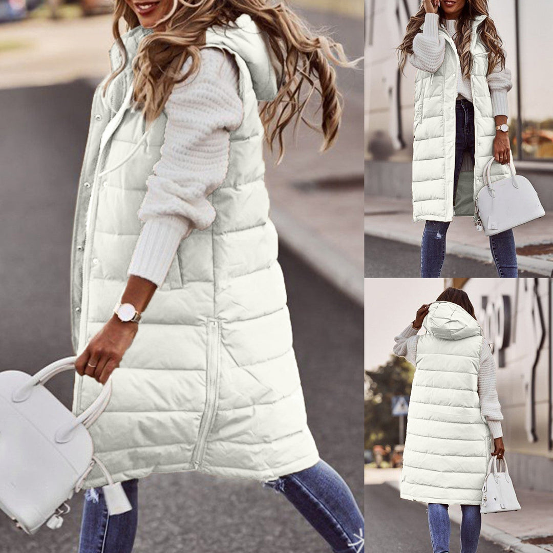 Freya Quilted Hooded Longline Puffer Vest | Relaxed Fit Button Front Vest