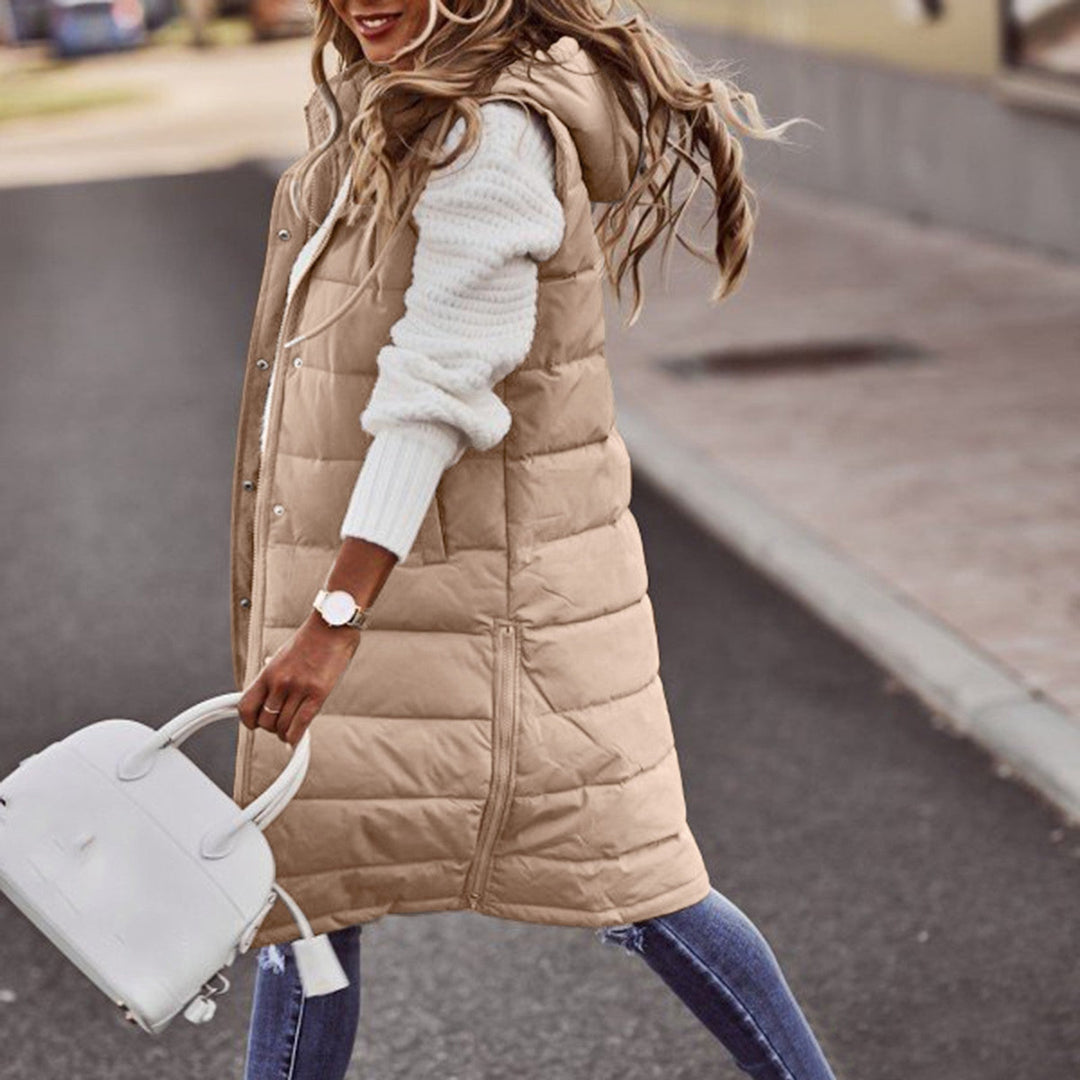 Freya Quilted Hooded Longline Puffer Vest | Relaxed Fit Button Front Vest