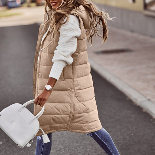 Freya Quilted Hooded Longline Puffer Vest | Relaxed Fit Button Front Vest